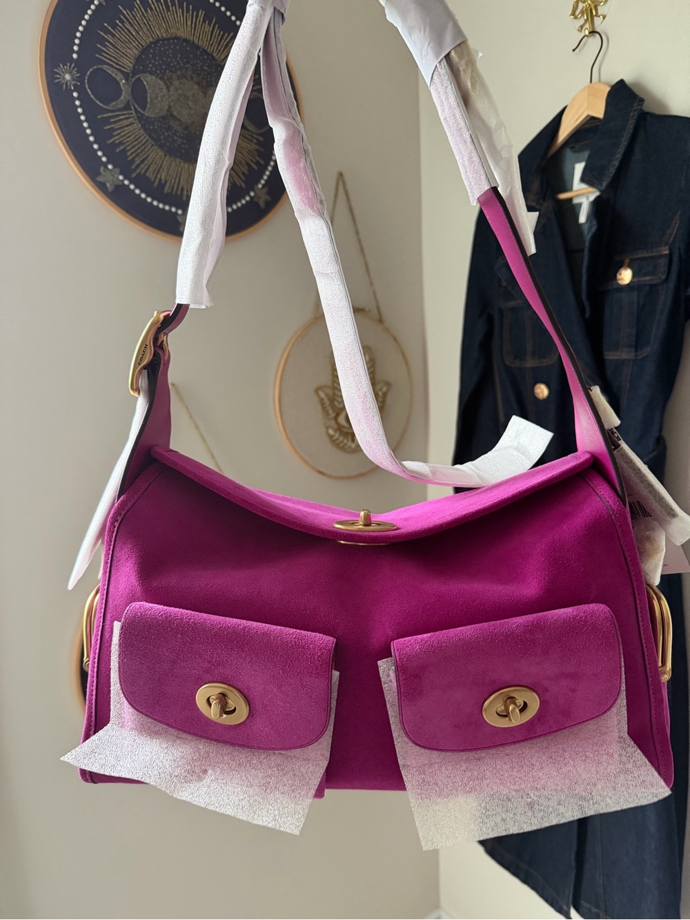 Coach Magenta pink Suede Turnlock haversack Bag